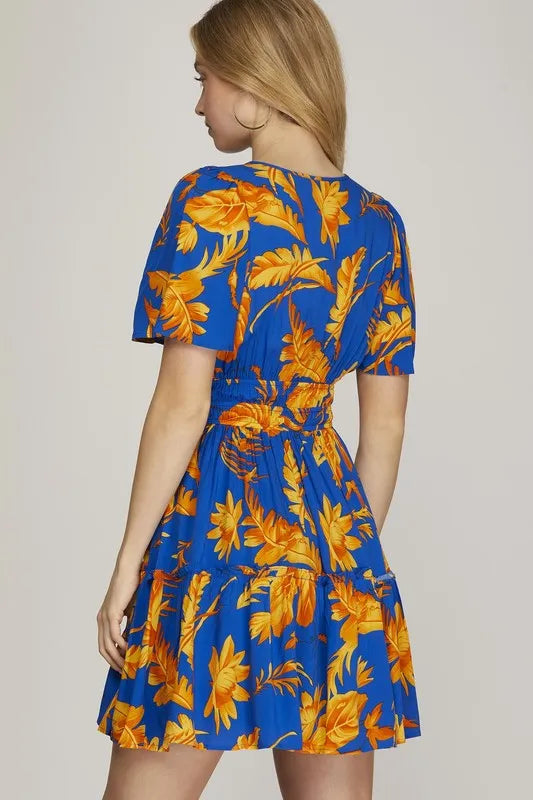 Full Size Printed Notched Short Sleeve Frill Tiered Dress Plus Size - Royal Blue - product view 2