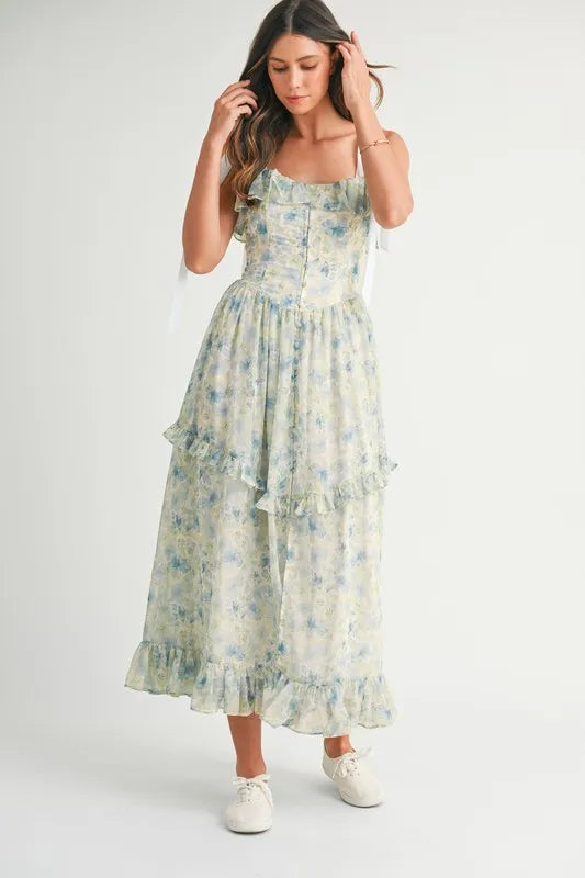 Floral Printed Shoulder Strap Midi Dress in Blue - product view 3