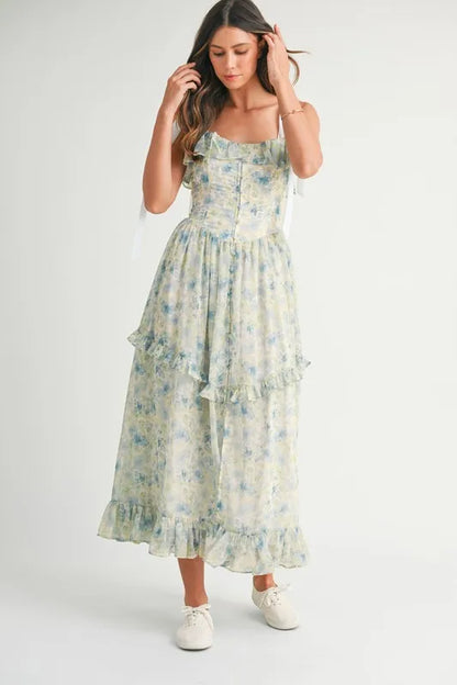 Floral Printed Shoulder Strap Midi Dress in Blue - product view 3