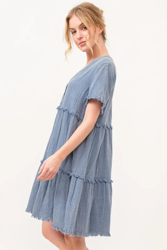 Washed Frayed Detail Tiered Dress - Blue - product view 4
