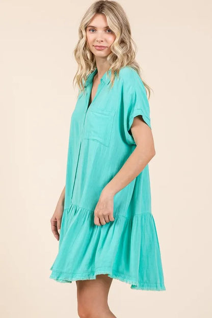 Linen Blend Button Down Shirt Mini Dress in Aqua - product view 4