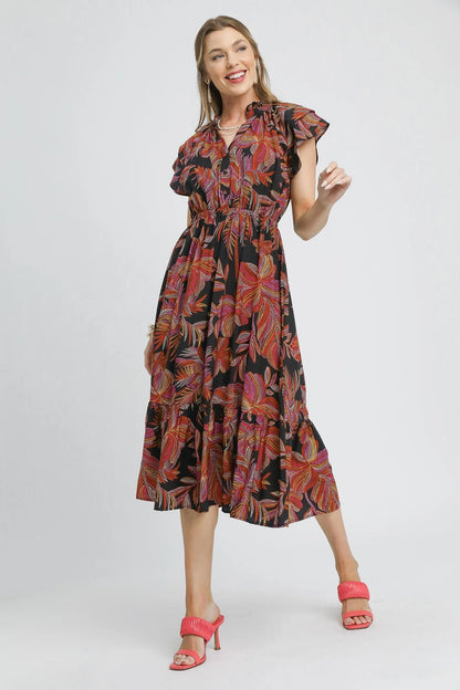 Mix Ruffle Sleeve Tropical Midi Dress in Black Mix - product view 4