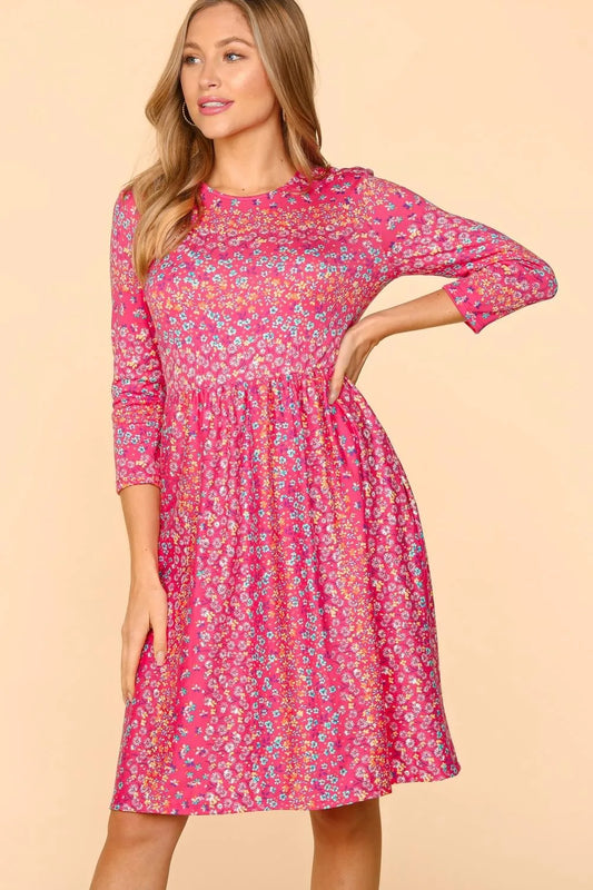 Round Neck Floral Dress with Pockets in Fuchsia - product view 1