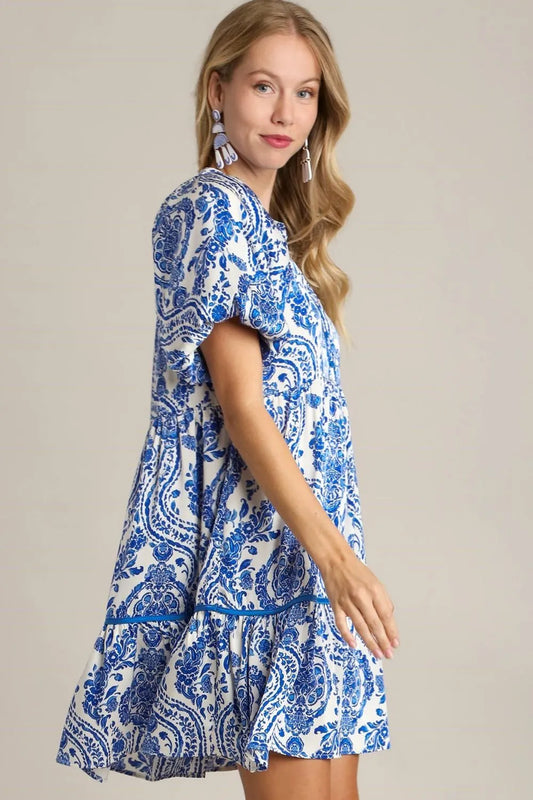 Full Size Printed Notched Puff Sleeve Mini Dress Plus Size - Royal Blue - product view 2