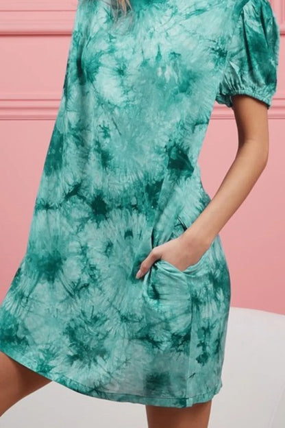 Puff Sleeve With Side Pockets Tie Dye Dress - Jade - product view 3
