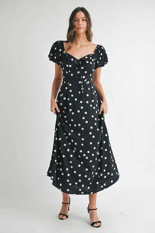Polka Dot Puff Sleeve Midi Dress - Black - product view 1