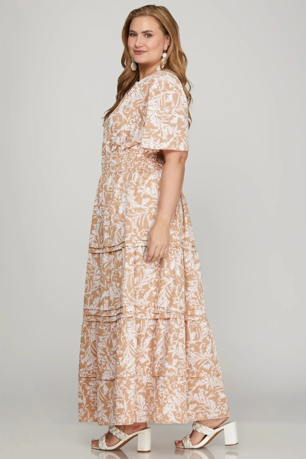 Printed Notched Woven Tiered Pintuck Maxi Dress with Side Pockets in Apricot - product view 4