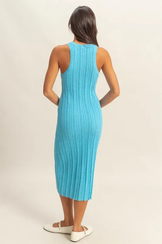 Round Neck Bodycon Ribbed Knit Dress - Blue - product view 3