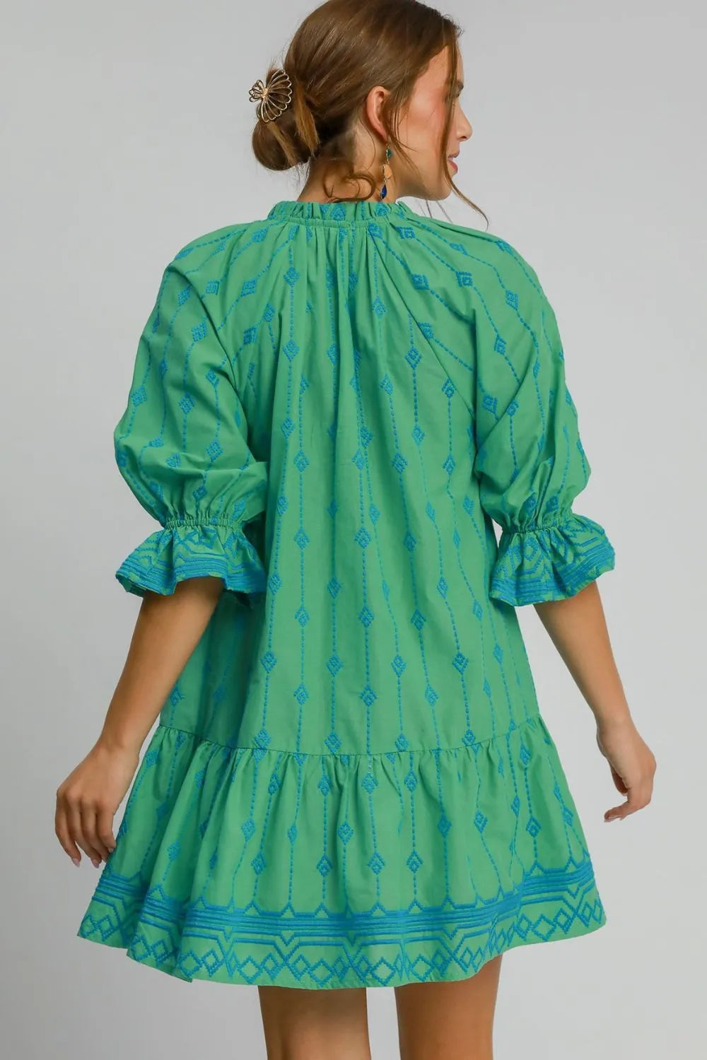 Full Size Tassel Embroidered Flounce Sleeve Mini Dress Plus Size in Green - product view 3