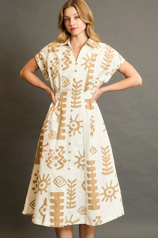 Full Size Abstract Print Elastic Waist Midi Dress Plus Size in Tan - product view 1