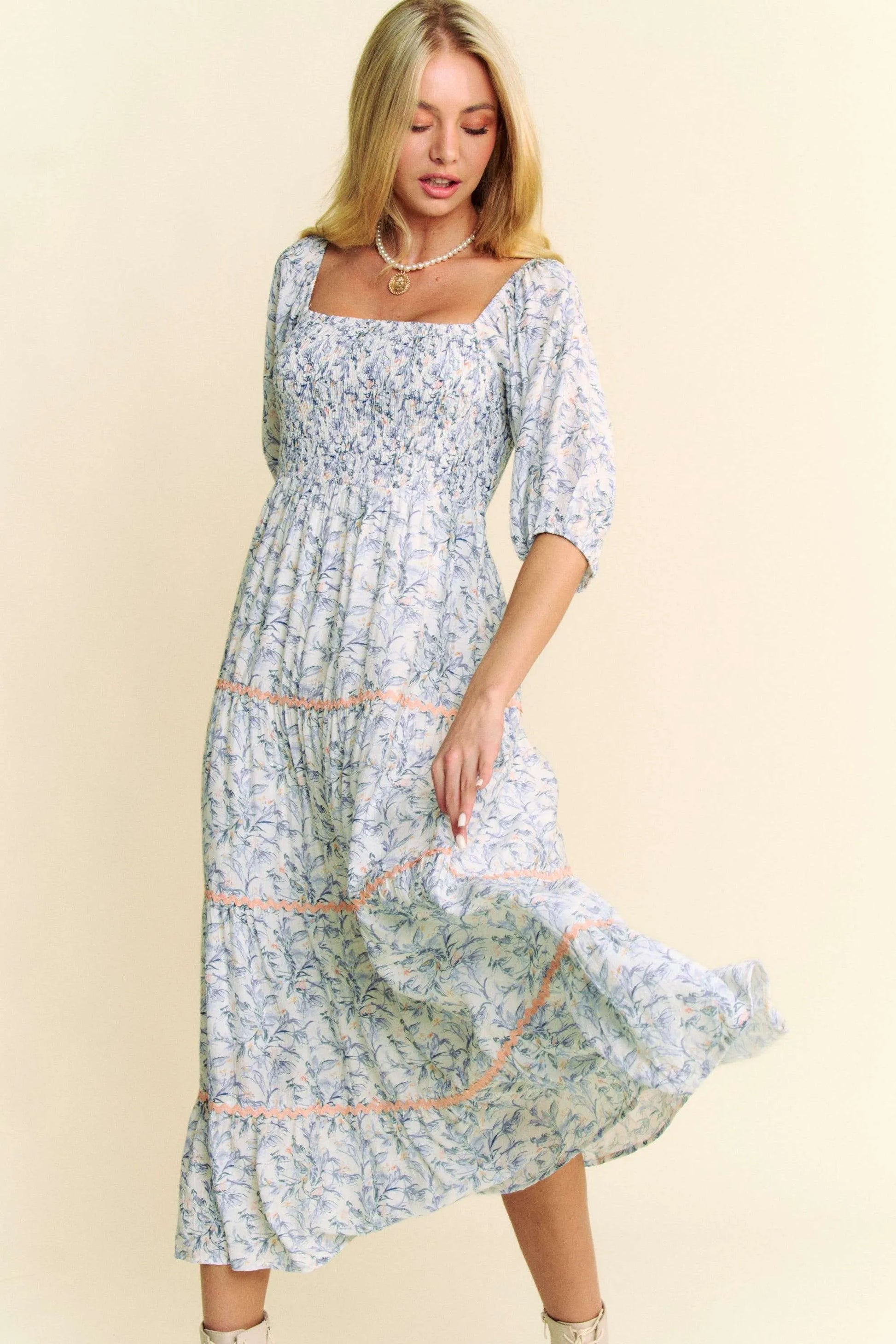 Contrast Ric Smocking Bodice Tiered Midi Dress in Blue - product view 3