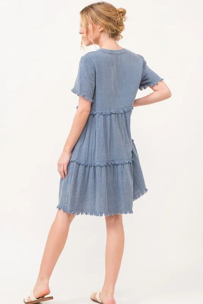 Washed Frayed Detail Tiered Dress - Blue - product view 6