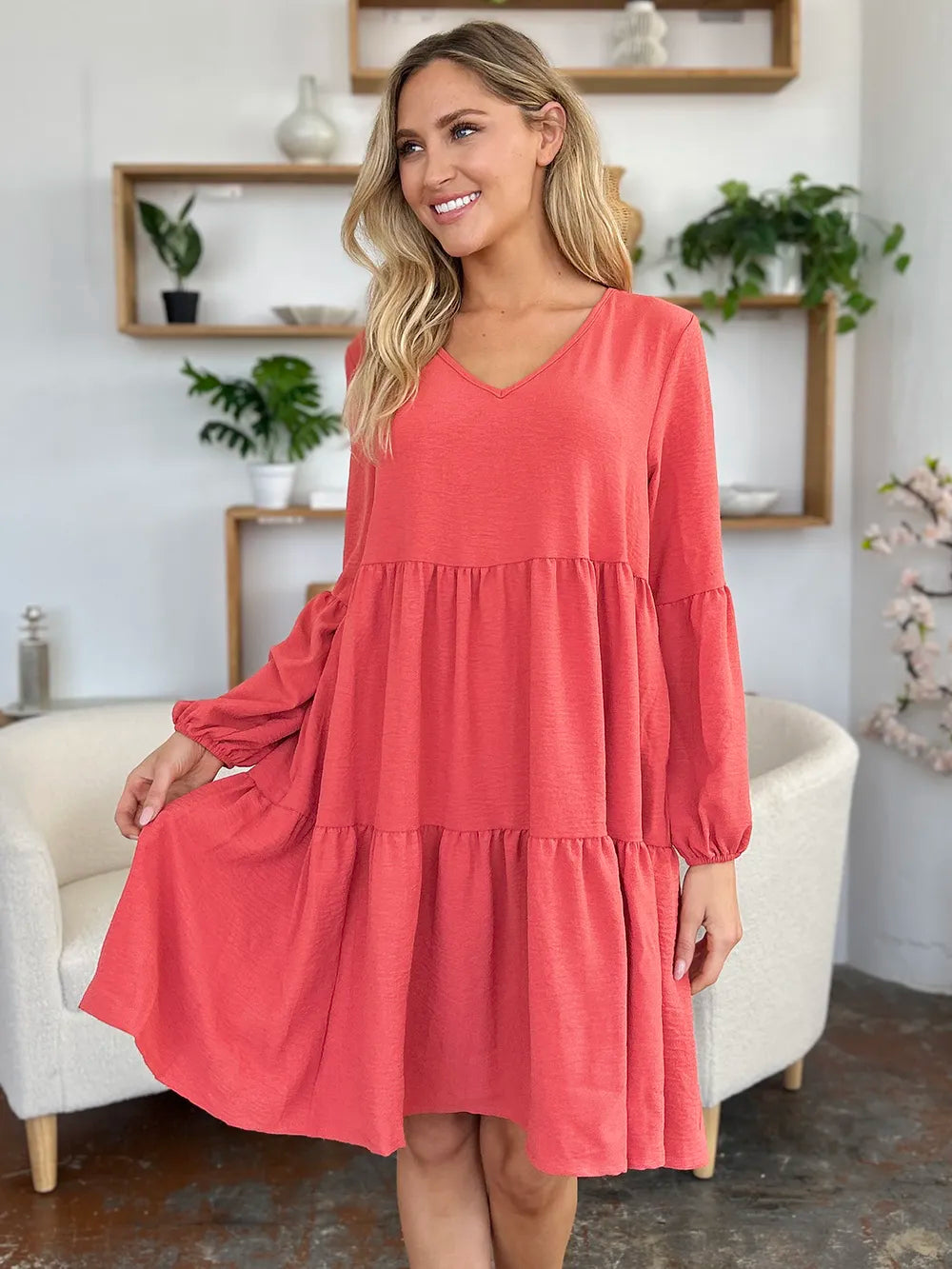 Full Size V-Neck Balloon Sleeve Tiered Dress with Pockets in Light Green, Pink and more - product view 19