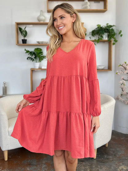 Full Size V-Neck Balloon Sleeve Tiered Dress with Pockets in Light Green, Pink and more - product view 19