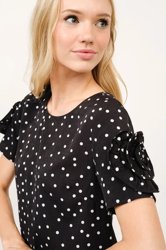 Embellished Sleeve Polka Dots Shift Dress in Black - product view 5