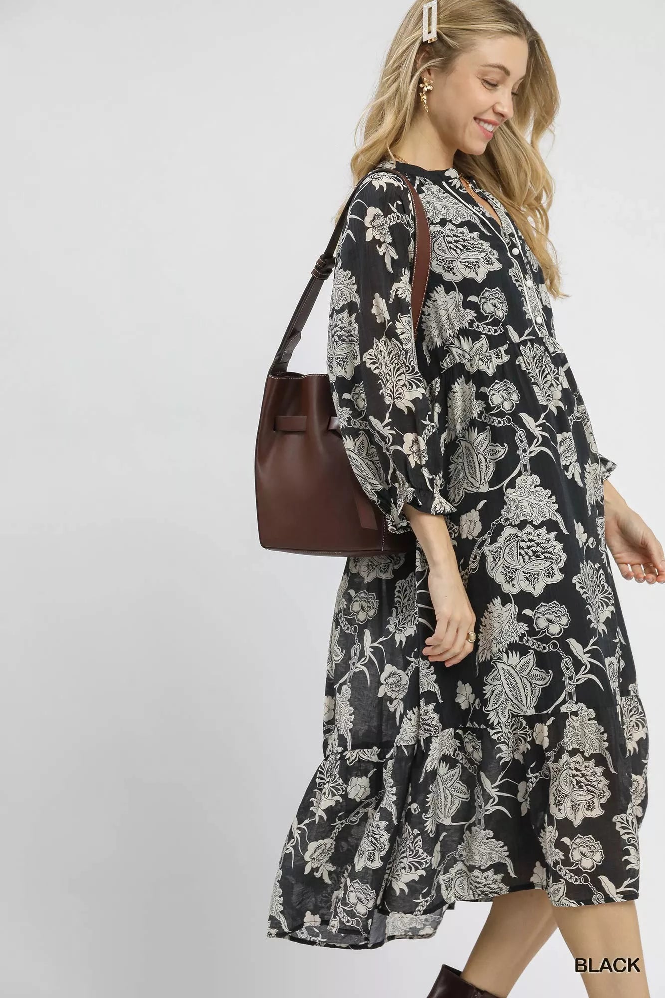 Floral Print Boho Midi Dress in Black - product view 4