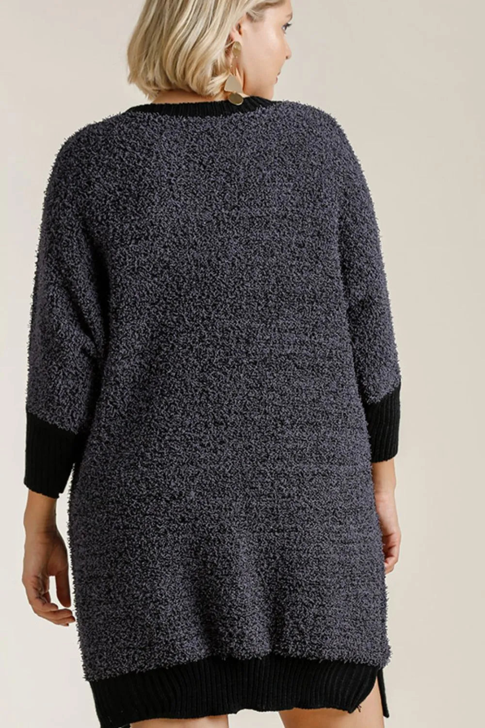Full Size Ribbed Hem Round Neck 3/4 Sleeve Sweater Dress with Pockets Plus Size - Black - product view 6
