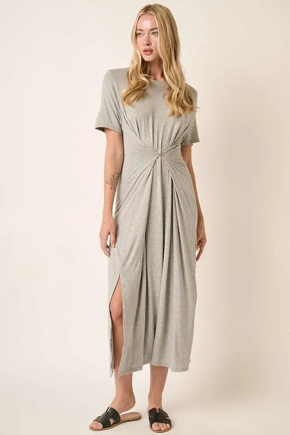 Side Slit Round Neck Short Sleeve Dress in Heather Grey - product view 3