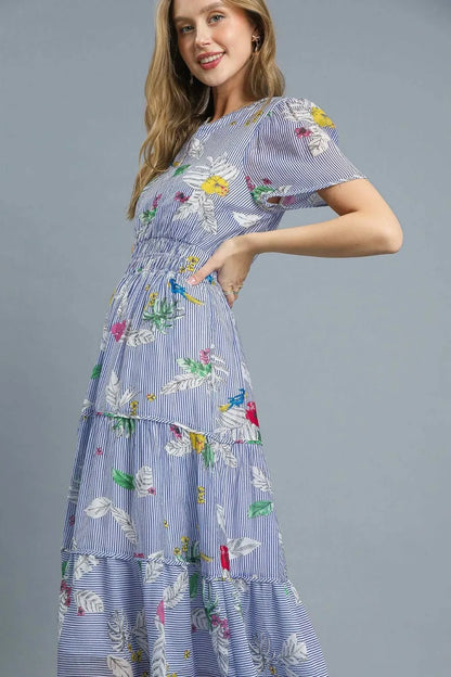 Smocked Waist Floral Short Sleeve Midi Dress in Light Blue - product view 3