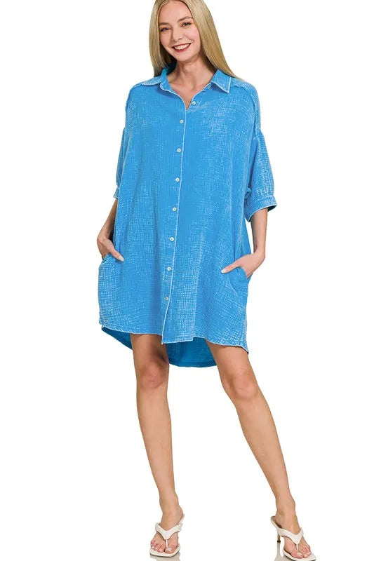 Washed Double Gauze Button Down Shirt Dress - Deep Sky - product view 5