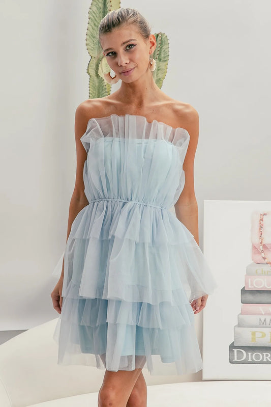 Sleeveless Layered Organza Dress in Sky Blue - product view 1