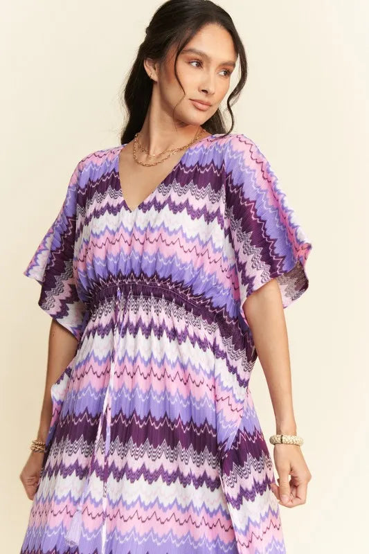 Multi Color Wavy Tie Waist Flowy Sleeve Dress - Lilac Multi - product view 5