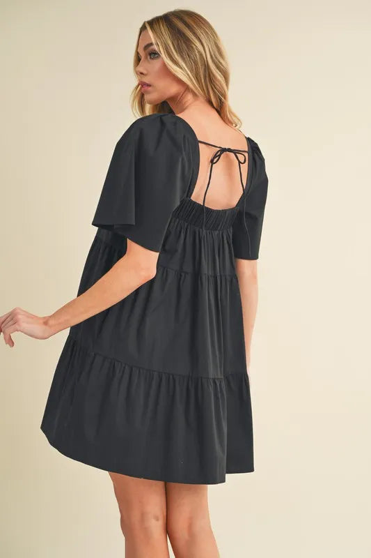 Square Neck Half Sleeve Tiered Dress - Black - product view 5