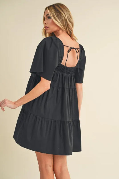 Square Neck Half Sleeve Tiered Dress - Black - product view 5