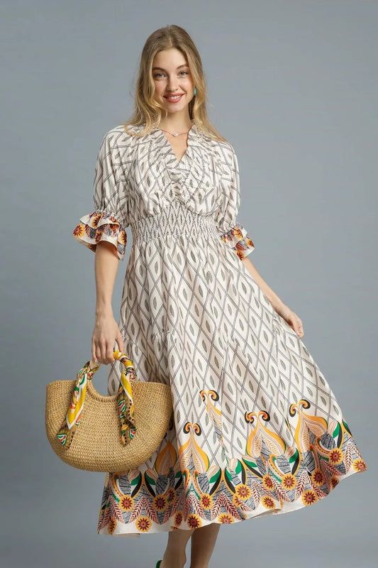 Printed Smocked Waist Flounce Sleeve Midi Dress - Ivory - product view 1