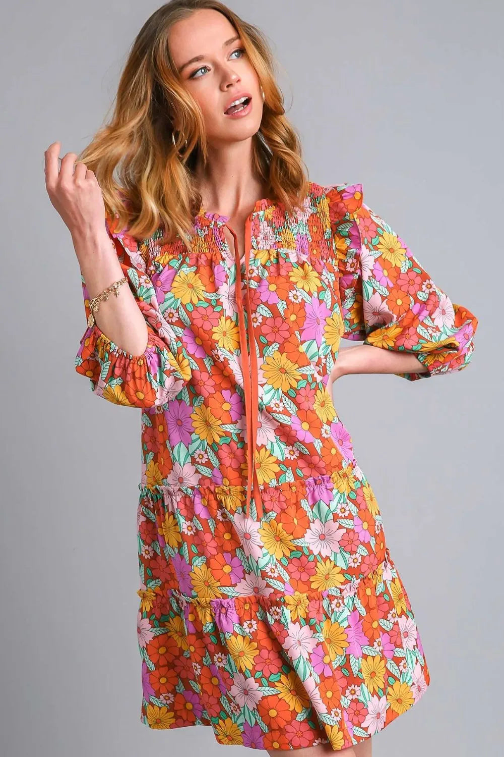 Full Size Ruffled Flower Print Tie Neck Tiered Dress Plus Size in Brown Mix - product view 1