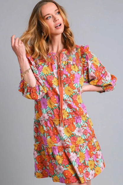Full Size Ruffled Flower Print Tie Neck Tiered Dress Plus Size in Brown Mix - product view 1