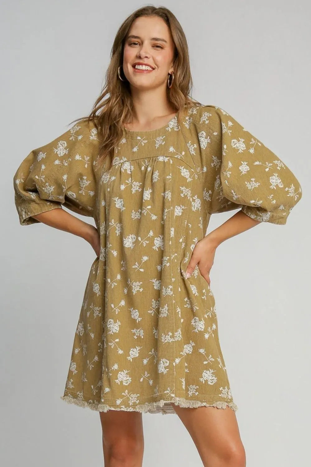 Raw Hem Floral Print Round Neck Denim Dress in Mocha - product view 3
