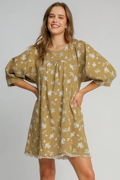 Raw Hem Floral Print Round Neck Denim Dress in Mocha - product view 3