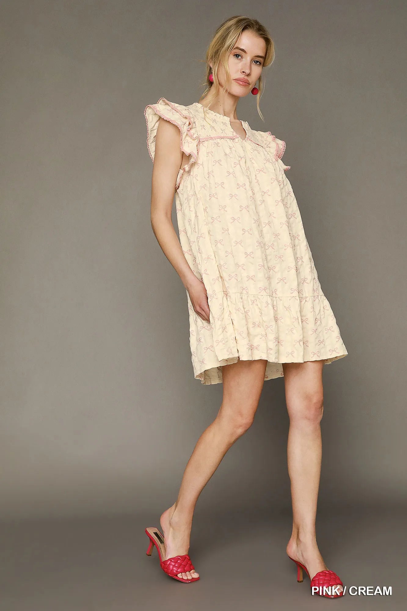 Bow Print Ruffled Cap Sleeve Mini Dress - Pink / Cream - product view 4