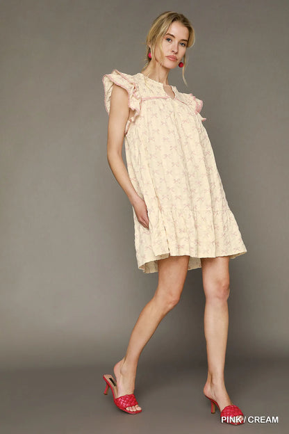 Bow Print Ruffled Cap Sleeve Mini Dress - Pink / Cream - product view 4