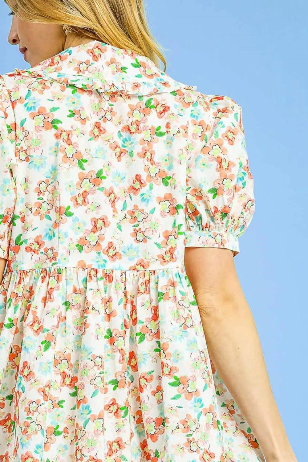 Floral Print Puff Sleeve Tie Front Mini Dress in Orange - product view 3