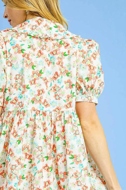 Floral Print Puff Sleeve Tie Front Mini Dress in Orange - product view 3