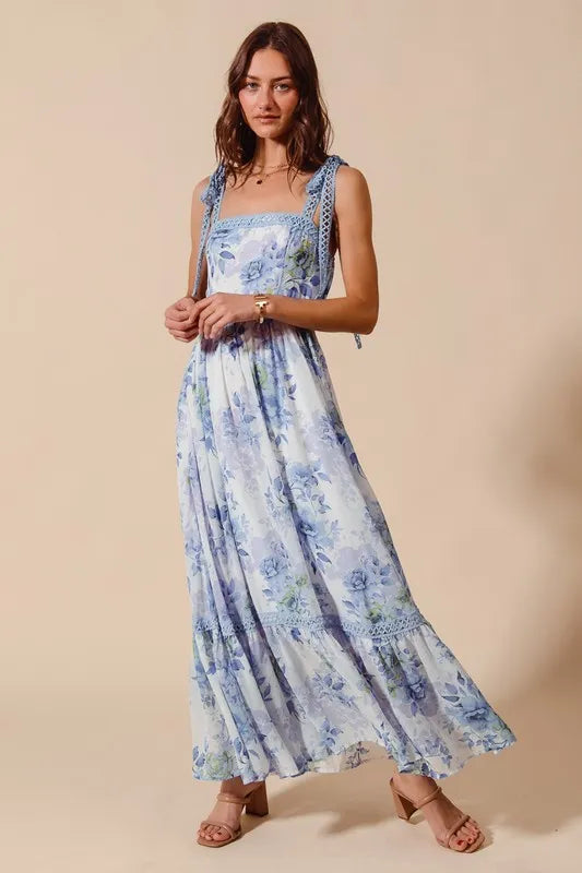 Floral Print Flowy Maxi Dress with Lace Ribbon Tie in Off White/Blue - product view 1