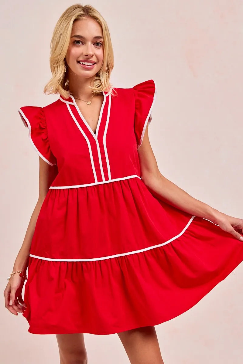 Gameday Theme Contrast Binding Ruffled Dress - Red - product view 6