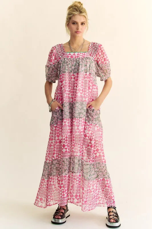 Multi Floral Square Neck Puff Sleeve Maxi Dress in Indian Pink - product view 1