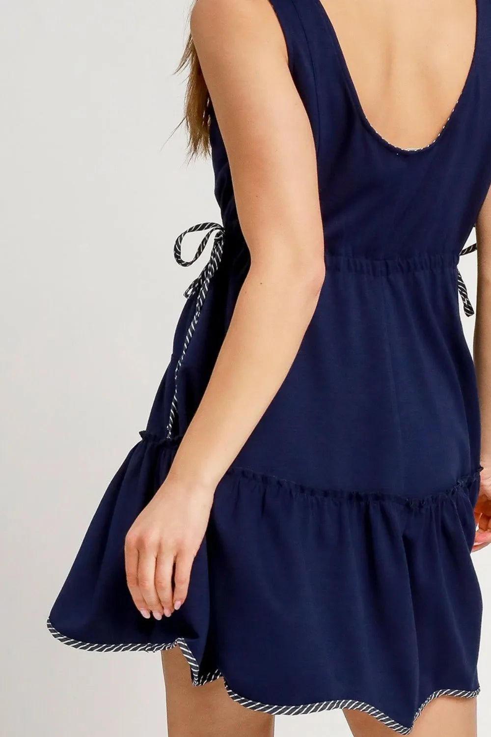 Frill Drawstring Waist Round Neck Mini Tank Dress - Dark Navy - product view 4