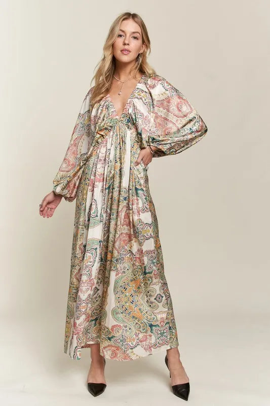 Printed V-Neck Batwing Sleeve Dress - Light Green - product view 1