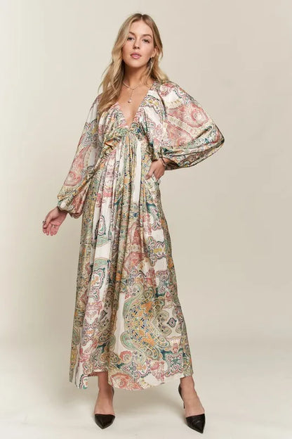 Printed V-Neck Batwing Sleeve Dress - Light Green - product view 1
