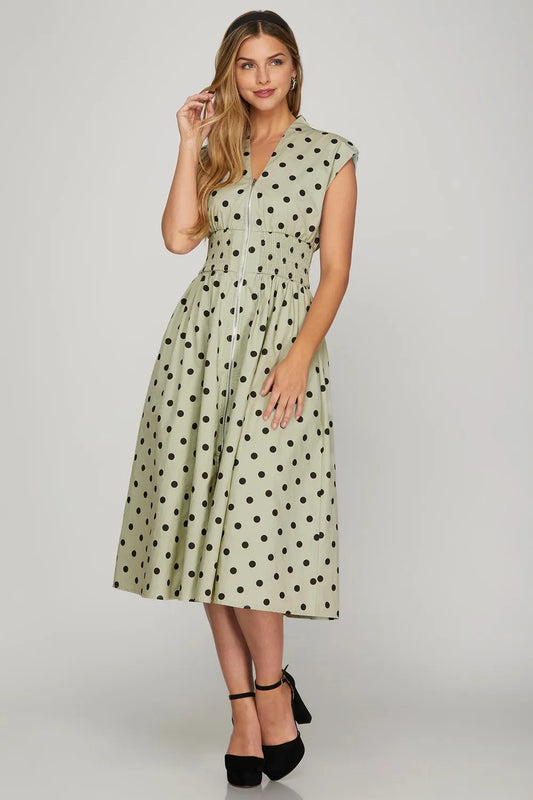 Front Zip Polka Dots Cap Sleeve Midi Dress - Sage - product view 1