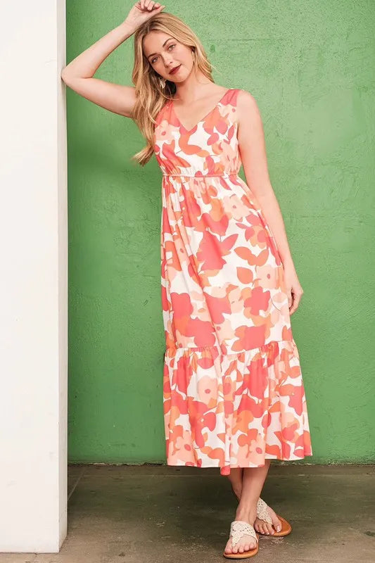 Sleeveless Floral Print V-Neck Midi Dress in Orange - product view 6