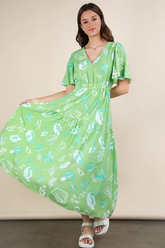 Printed V-Neck Resort Midi Dress in Sage - product view 4