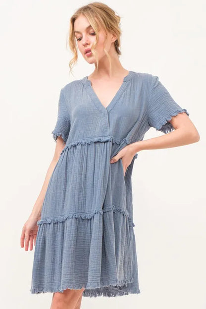 Washed Frayed Detail Tiered Dress - Blue - product view 1