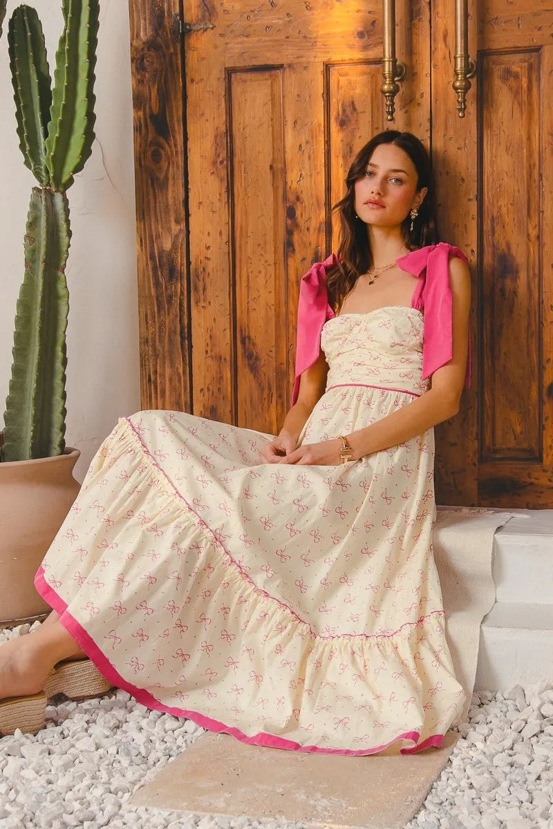Ribbon Flowy Maxi Dress with Contrast Trim in Cream/Pink - product view 12