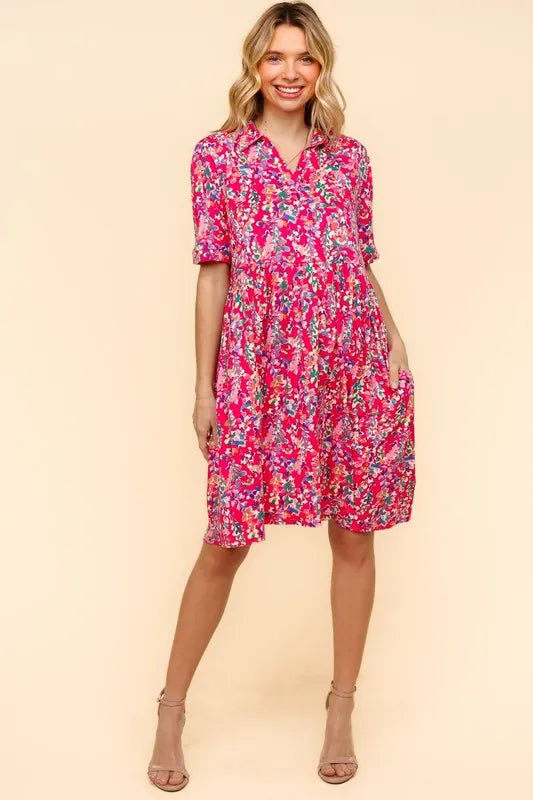 Johnny Collar Babydoll Dress with Side Pockets - Fuchsia - product view 7