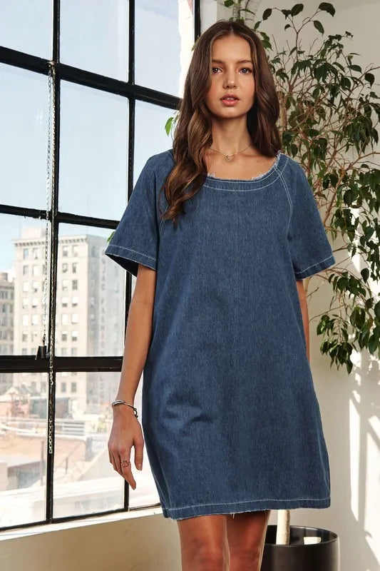 Raw Hem Mini Denim Dress with Pockets in Dark - product view 3